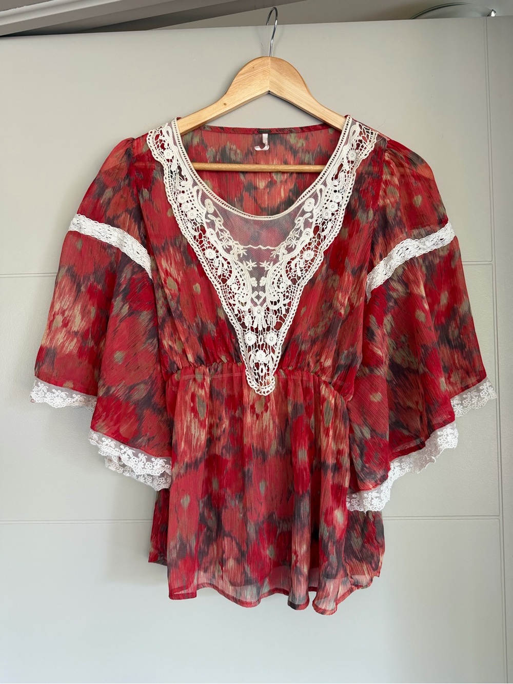Free People Crimson Floral Lace-Trim Peasant Blouse - Picture 2 of 8
